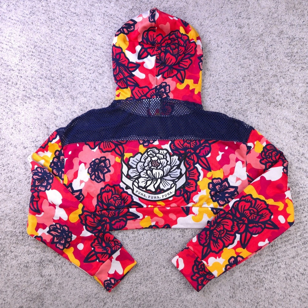 Puma Hoodie Womens Medium Cropped Floral Embroidered Flourish Sweatshirt EUC